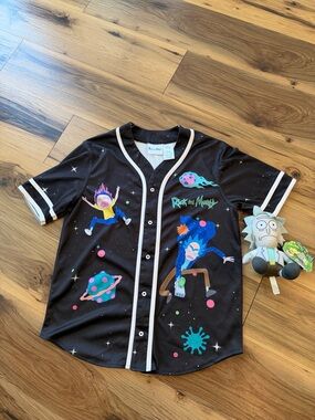 Rick and Morty Baseball Jersey Shirt Adult S Black Space Isaac Morris and plush